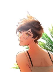 Rule 34 | 1girl, bare shoulders, bespectacled, brown hair, ear piercing, ecila, freckles, from behind, glasses, highres, jewelry, leaf, looking away, makeup, mascara, necklace, overwatch, overwatch 1, parted lips, piercing, pink lips, plant, round eyewear, short hair, shoulder blades, simple background, sleeveless, solo, spiked hair, strap, teeth, tracer (overwatch), upper body, white background, yellow eyes
