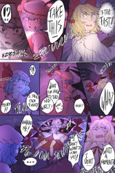 Rule 34 | !?, ..., 2girls, bat wings, blonde hair, blue hair, bow, comic, cuts, d;, dress, english text, erhu, gap (touhou), grabbing, grabbing from behind, grin, hair bow, highres, injury, mefomefo, multiple girls, one eye closed, sound effects, open mouth, remilia scarlet, restrained, satsuki rin, short hair, smile, surprised, touhou, wing collar, wings, yellow eyes