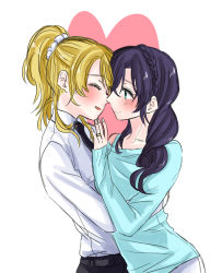 Rule 34 | 2girls, airen, ayase eli, blonde hair, blush, couple, closed eyes, green eyes, hair ornament, happy, heart, highres, imminent kiss, looking at another, love live!, love live! school idol festival, love live! school idol project, multiple girls, purple hair, scrunchie, simple background, smile, tojo nozomi, yuri