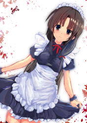 Rule 34 | 1girl, alternate costume, apron, black hair, black thighhighs, brown eyes, clothes lift, dress, dress lift, dutch angle, enmaided, kantai collection, long hair, looking at viewer, maid, maid apron, maid headdress, neck ribbon, one-hour drawing challenge, red ribbon, ribbon, shouhou (kancolle), smile, solo, thighhighs, yanagi wakana