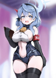 Rule 34 | 1girl, adapted costume, ako (blue archive), bell, black gloves, blue archive, blue eyes, blue hair, blurry, blurry background, blush, breasts, clipboard, clothing cutout, elbow gloves, gloves, hair between eyes, hair ribbon, hairband, halo, hiraga daidai, large breasts, long hair, looking at viewer, navel, navel cutout, neck bell, open mouth, ribbon, solo, thighhighs