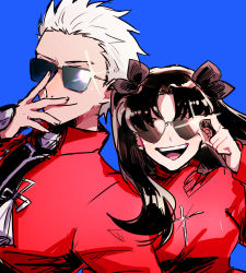 Rule 34 | 1boy, 1girl, adjusting eyewear, archer (fate), bad id, bad pixiv id, black hair, blue background, fate/stay night, fate (series), hair ribbon, hariwo20, heart, heart-shaped eyewear, open mouth, ribbon, simple background, smile, sunglasses, sweater, tohsaka rin, twintails, white hair