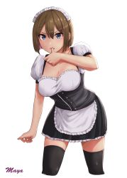 Rule 34 | 1girl, absurdres, alternate costume, apron, black dress, blue eyes, breasts, brown hair, commentary request, cowboy shot, cropped legs, dress, enmaided, frilled apron, frills, hair ornament, hairclip, highres, jouzaburou (joe3), kantai collection, large breasts, leaning forward, maid, maid headdress, maya (kancolle), puffy sleeves, short hair, short sleeves, simple background, solo, standing, waist apron, white apron, white background, x hair ornament