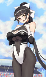 Rule 34 | 1girl, azur lane, bad id, bad pixiv id, black hair, black pantyhose, blue sky, blurry, bodystocking, breasts, brown eyes, chinese commentary, cleavage cutout, clothing cutout, cloud, commentary request, cowboy shot, day, depth of field, hair flaps, highleg, highleg leotard, highres, large breasts, leotard, logo, long hair, looking at viewer, official alternate costume, outdoors, pantyhose, ponytail, race queen, ribbon, ruan weidao, sky, solo, takao (azur lane), takao (full throttle charmer) (azur lane), two-tone leotard, white ribbon