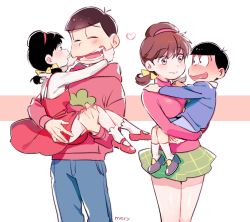 Rule 34 | 10s, 2boys, 2girls, aged down, bad id, bad pixiv id, black hair, blush, bow, brown eyes, brown hair, carrying, child, dress, dual persona, hair bow, hairband, hood, hoodie, low twintails, mary janes, matsuno osomatsu, mery (yangmalgage), mouth pull, multiple boys, multiple girls, open mouth, osomatsu-kun, osomatsu-san, shoes, shorts, skirt, smile, time paradox, twintails, yowai totoko