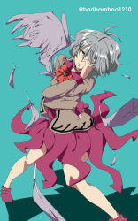 Rule 34 | aqua background, arched back, badbamboo, bow, brooch, brown jacket, collared dress, dress, expressionless, eyes visible through hair, feathers, grey wings, hair between eyes, hand over eye, highres, jacket, jewelry, kishin sagume, legs, long sleeves, looking at viewer, purple dress, purple footwear, red eyes, shoes, short dress, short hair, silver hair, simple background, single wing, solo, thighs, touhou, twitter username, wings, yin yang