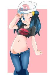 Rule 34 | 1girl, beanie, black shirt, blue eyes, blue hair, blue pants, breasts, closed mouth, clothes pull, commentary request, creatures (company), crop top, cropped shirt, dawn (pokemon), denim, game freak, hainchu, hair ornament, hat, highres, jeans, long hair, looking at viewer, navel, nintendo, one eye closed, pants, pants pull, pokemon, pokemon dppt, shirt, small breasts, solo