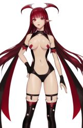Rule 34 | 1girl, absurdres, bare shoulders, black thighhighs, demon girl, frilled thighhighs, frills, highres, leotard, long hair, looking at viewer, navel, original, oyabuli, pointy ears, red eyes, red hair, simple background, solo, thighhighs, very long hair, white background