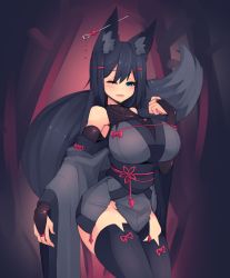 Rule 34 | 1girl, ;d, animal ear fluff, animal ears, bare shoulders, black hair, black thighhighs, blue eyes, breasts, bridal gauntlets, cowboy shot, detached sleeves, ear piercing, fox ears, fox tail, gloves, hair ornament, hairclip, halterneck, halterneck, highres, huge breasts, kiri (sub-res), long hair, looking at viewer, no panties, notched ear, one eye closed, open mouth, original, piercing, smile, solo, sub-res, tail, thighhighs