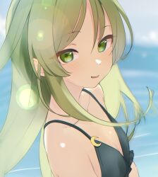 Rule 34 | 1girl, bikini, black bikini, blurry, blurry background, blush, breasts, cleavage, crescent, day, green eyes, green hair, hair between eyes, kantai collection, long hair, looking at viewer, nagatsuki (kancolle), outdoors, parted lips, sakieko, small breasts, solo, swimsuit, upper body, very long hair