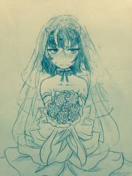 Rule 34 | 1girl, alternate costume, bare shoulders, blush, bouquet, bridal veil, closed mouth, collarbone, commentary request, cone horns, cowboy shot, detached collar, dress, efukei, flower, highres, holding, holding bouquet, horns, kijin seija, monochrome, multicolored hair, nose blush, short hair, solo, streaked hair, sweat, touhou, traditional media, veil, wedding dress