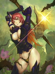 Rule 34 | 1girl, ariverkao, armor, arms up, breasts, cleavage, flower, gauntlets, highres, lens flare, long hair, navel, original, purple armor, red hair, sky, solo, sword, thighhighs, thighs, tree, weapon