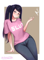 Rule 34 | 1girl, arm support, blouse, blue hair, blue pants, blush, breasts, brown background, cigarette, cowboy shot, dark blue hair, denim, head tilt, highres, jeans, jill stingray, katsuragi nantoka, leaning on object, leaning to the side, long hair, looking at viewer, medium breasts, meme attire, nail polish, narrow waist, open mouth, outside border, pants, pink nails, pink shirt, ponytail, puckered lips, red eyes, shirt, short sleeves, sidelocks, simple background, smoke, smoking, solo, swept bangs, t-shirt, twitter username, va-11 hall-a, wide hips