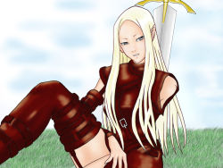 Rule 34 | 00s, 1girl, amputee, blonde hair, claymore (series), claymore (sword), cloud, day, grey eyes, irene, long hair, pointy ears, sitting, sky, smile, solo, strap, sword, thighhighs, weapon