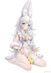 Rule 34 | + +, 1girl, ahoge, animal ear fluff, animal ears, azur lane, blue eyes, blush, braid, breasts, chinese commentary, choker, collarbone, commentary request, fake animal ears, feet, full body, highres, le malin (azur lane), le malin (listless lapin) (azur lane), leotard, looking at viewer, low twin braids, manjuu (azur lane), medium breasts, o-ring, o-ring choker, pantyhose, playboy bunny, silver hair, sitting, solo, sweat, thigh strap, toes, twin braids, twitter username, wariza, white leotard, white pantyhose, wrist cuffs, yokii