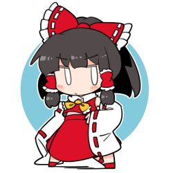 Rule 34 | 1girl, ascot, bare shoulders, black hair, blush, bow, closed mouth, detached sleeves, full body, hair bow, hair tubes, hakurei reimu, ini (inunabe00), japanese clothes, long hair, nontraditional miko, red bow, red footwear, red skirt, ribbon-trimmed sleeves, ribbon trim, shoes, sidelocks, skirt, solo, touhou, white sleeves, wide sleeves, yellow ascot
