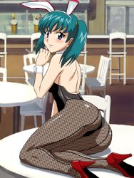 Rule 34 | 00s, 1girl, animal ears, aqua hair, arm support, ass, back, bar (place), bare back, bare shoulders, blush, chair, detached collar, fake animal ears, female focus, fishnet pantyhose, fishnets, green hair, high heels, honjou mikaze, kneeling, looking at viewer, looking back, on table, pantyhose, playboy bunny, purple eyes, rabbit ears, rabbit girl, rabbit tail, shoes, short hair, sitting, smile, solo, stratos 4, table, tail, twintails, wrist cuffs