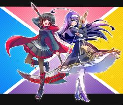 Rule 34 | 2girls, blazblue, blazblue: cross tag battle, boots, commentary request, frilled skirt, frills, hayami saori, high heels, iesupa, multicolored hair, multiple girls, orie ballardiae harada, pantyhose, purple hair, ruby rose, rwby, scythe, skirt, sword, two-tone hair, under night in-birth, voice actor connection, weapon