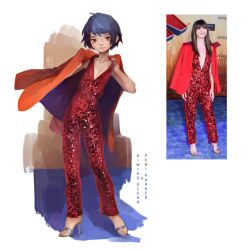 Rule 34 | 1girl, blue hair, brown eyes, covered navel, high heels, holding, holding clothes, holding jacket, jacket, kimiko glenn, looking at viewer, marvel, mim, open mouth, peni parker, photo-referenced, real life, short hair, simple background, solo, solo focus, spider-man: into the spider-verse, spider-man (series), spider-verse, standing, suit jacket, voice actor, white background