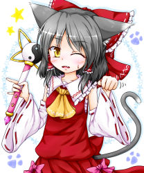 Rule 34 | 1girl, animal ears, ascot, black hair, blush, bow, breasts, cat ears, cat tail, commentary request, cookie (touhou), detached sleeves, fang, frilled bow, frilled hair tubes, frills, hair bow, hair tubes, hakurei reimu, highres, holding, holding wand, kemonomimi mode, looking at viewer, medium hair, neko mata, one eye closed, open mouth, paw pose, paw print, pink bow, red bow, red shirt, ribbon-trimmed sleeves, ribbon trim, sananana (cookie), sarashi, shirt, sleeveless, sleeveless shirt, small breasts, solo, star (symbol), sweatdrop, tail, touhou, upper body, wand, white background, white sleeves, yellow ascot, yellow eyes, yin yang