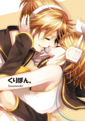 Rule 34 | 1boy, 1girl, bad id, bad pixiv id, bare shoulders, blonde hair, bow, brother and sister, detached sleeves, hair bow, hair ornament, hairclip, hand on another&#039;s face, happy, headset, hetero, hug, imminent kiss, kagamine len, kagamine rin, laughing, nail polish, sailor collar, short hair, short ponytail, siblings, smile, suzunosuke (sagula), twins, vocaloid