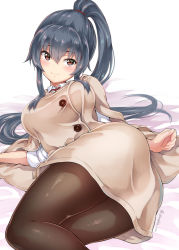 Rule 34 | 1girl, ass, black hair, black pantyhose, blush, breasts, brown jacket, closed mouth, hair between eyes, jacket, kantai collection, large breasts, long hair, looking at viewer, lying, on side, oonaka ito, pantyhose, ponytail, red eyes, red scrunchie, scrunchie, sidelocks, simple background, smile, solo, twisted torso, twitter username, very long hair, white background, yahagi (kancolle)