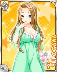 Rule 34 | 1girl, blonde hair, breasts, card (medium), character name, cleavage, dress, evening gown, girlfriend (kari), grey eyes, long hair, official art, ogawa yui (girlfriend kari), open mouth, qp:flapper, side ponytail, smile, solo, tagme, yellow background