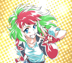 Rule 34 | 1girl, :d, badge, belt, blue eyes, breasts, button badge, coat, collarbone, denim, denim shorts, fang, foreshortening, gloves, gradient background, green hair, gundam, halftone, halftone background, happy, jacket, leaning forward, long hair, looking at viewer, mayata, multicolored hair, open clothes, open jacket, open mouth, red gloves, red hair, sd command chronicles, sd gundam, shirt, short sleeves, shorts, sleeveless, sleeveless coat, sleeves rolled up, small breasts, smile, solo, tank top, taut clothes, taut shirt, tron (sd gundam), two-tone hair, upper body, v, wavy hair, yellow background