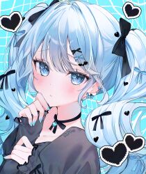 1girl absurdres black_bow black_ribbon blue_bow blue_eyes blue_hair blue_nails blush bow choker closed_mouth collarbone frilled_sleeves frills hair_bow hair_ornament heart heart_hair_ornament highres holding_own_arm long_hair long_sleeves looking_at_viewer morino_wako multiple_hair_bows original ribbon ribbon_choker sleeve_bow solo swept_bangs three_quarter_view twintails upper_body