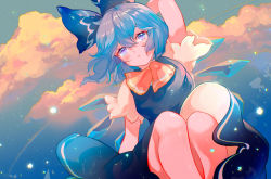 Rule 34 | 1girl, arm behind head, arm up, azusa0v0, blue bow, blue dress, blue eyes, blue hair, bow, cirno, cloud, commentary, dress, feet out of frame, hair between eyes, hair bow, highres, ice, ice wings, knees up, looking at viewer, neck ribbon, open mouth, outdoors, red ribbon, ribbon, shirt, short sleeves, solo, sunset, touhou, triangle mouth, white shirt, wide sleeves, wings