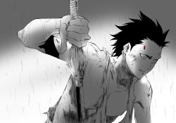 Rule 34 | 1boy, absurdres, bare arms, black hair, bleach, bleach: sennen kessen-hen, blood, blood on face, fighting stance, grey background, greyscale, highres, holding, holding sword, holding weapon, ken&#039;ichi (ken1ro u), looking down, male focus, monochrome, nose, outdoors, parted lips, rain, short hair, simple background, solo, spiked hair, sword, thumbs down, torn clothes, upper body, weapon, wide-eyed, zaraki kenpachi