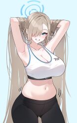 Rule 34 | 1girl, absurdres, armpits, arms up, asuna (blue archive), black pants, blue archive, blush, breasts, cleavage, coke0502, halo, hands in hair, highres, huge breasts, light brown hair, long hair, looking at viewer, navel, pants, simple background, skindentation, smile, solo, sports bra, stomach, straight hair, very long hair, white sports bra