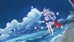 Rule 34 | 1girl, absurdres, arknights, blue shorts, blue sky, cloud, commentary request, dress, dutch angle, eyewear on head, hat, highres, infection monitor (arknights), inflatable orca, inflatable toy, long hair, low-tied long hair, navel, ocean, off-shoulder dress, off shoulder, official alternate costume, red eyes, short dress, short sleeves, shorts, skadi (arknights), skadi (waverider) (arknights), sky, solo, sun hat, sunglasses, thigh strap, very long hair, white dress, white hair, white hat, zhacigege