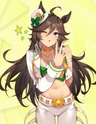 Rule 34 | 1girl, absurdres, ahoge, animal ears, arm behind back, armband, black eyes, breasts, brown hair, choker, cleavage, collared shirt, cowboy shot, gluteal fold, hair ornament, hairclip, hand up, hat, highres, horse ears, jacket, long hair, looking at viewer, midriff, mini hat, mini top hat, motsunabe (mo2nap3), mr. c.b. (umamusume), navel, one eye closed, open mouth, pants, shirt, single sleeve, small breasts, solo, star (symbol), strapless, strapless shirt, top hat, umamusume, white jacket, white pants