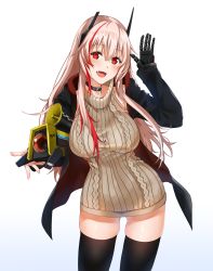 Rule 34 | 1girl, :d, absurdres, aran sweater, banana (girls&#039; frontline), bishi (bishi), blush, breasts, cable knit, coat, dress, girls&#039; frontline, hair between eyes, hand up, headgear, highres, holding, large breasts, long hair, looking at viewer, m4 sopmod ii (girls&#039; frontline), m4 sopmod ii (mod3) (girls&#039; frontline), mechanical hands, mod3 (girls&#039; frontline), multicolored hair, open clothes, open coat, open mouth, pink hair, red eyes, red hair, sidelocks, single mechanical hand, sleeveless, smile, streaked hair, sweater, sweater dress, thighhighs, turtleneck, turtleneck sweater