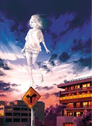Rule 34 | 1girl, barefoot, building, children&#039;s project, cloud, cloudy sky, full body, hair over one eye, highres, non (mangaka), road sign, shirt, short shorts, shorts, sign, sky, smile, solo, standing on object, t-shirt, transparent, tree