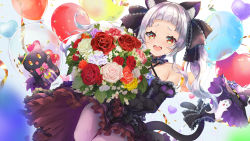 Rule 34 | 1girl, :d, animal ear fluff, animal ears, balloon, bare shoulders, black bow, black dress, black sleeves, bow, brown eyes, cat ears, cat girl, cat tail, confetti, criss-cross halter, detached sleeves, dress, flower, frilled bow, frilled dress, frills, grey hair, hair bow, halterneck, hololive, juliet sleeves, konkito, long hair, long sleeves, looking at viewer, murasaki shion, murasaki shion (gothic lolita), open mouth, pantyhose, puffy sleeves, red flower, red rose, rose, smile, solo, tail, twintails, virtual youtuber, white flower, white pantyhose, white rose