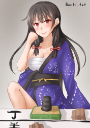 Rule 34 | 1girl, alternate costume, anti (untea9), black hair, breasts, chest sarashi, cleavage, collarbone, gradient background, hair ribbon, highres, isokaze (kancolle), japanese clothes, kantai collection, kimono, large breasts, long hair, looking at viewer, purple kimono, red eyes, red ribbon, ribbon, sarashi, sitting, smile, solo, tress ribbon, twitter username