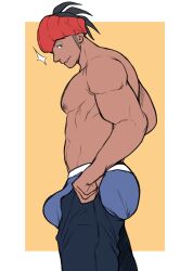 Rule 34 | 1boy, abs, absurdres, alternate muscle size, ass, bara, blue male underwear, boxers, bulge, bulge lift, creatures (company), dark-skinned male, dark skin, dressing, feet out of frame, from side, game freak, ginger (hoybara), headband, highres, hood, hoodie, long sideburns, male focus, male underwear, meme, muscular, muscular male, never seen a guy recreate this (meme), nintendo, nipples, open pants, orange headband, orange headwear, pants, pants lift, pectorals, pokemon, pokemon swsh, raihan (pokemon), short hair, sideburns, solo, standing, stomach, topless male, undersized clothes, underwear