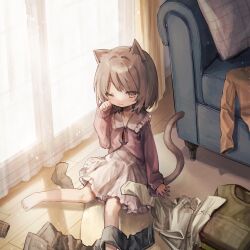 Rule 34 | 1girl, animal ears, barefoot, brown eyes, brown hair, cardigan, cat ears, cat girl, cat tail, child, clothes, couch, dress, indoors, neoki ohae, one eye closed, original, pink cardigan, rubbing eyes, short hair, sitting, sleepy, solo, tail, white dress, window