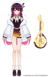 Rule 34 | 1girl, absurdres, arms at sides, breasts, closed mouth, company name, copyright notice, dress, feathers, full body, fur-trimmed legwear, fur trim, hat, highres, instrument, loafers, long hair, looking at viewer, off shoulder, official art, penelope wiseman, pointy ears, purple footwear, purple hair, sankyaku tako, shoes, simple background, small breasts, solo, standing, v&amp;u entertainment, virtual youtuber, white background, yellow eyes