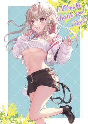 Rule 34 | 1girl, ayaginu temari, black footwear, black shorts, breasts, brown hair, colored inner hair, crop top, crop top overhang, cropped jacket, floating hair, flower knot, hair ribbon, hands up, highres, isekai tensei shite v ni narimashita, jacket, jewelry, leg up, long hair, long sleeves, looking at viewer, medium breasts, midriff, minamoto mamechichi, mole, mole under eye, multicolored hair, navel, necklace, off shoulder, open clothes, open fly, open jacket, open mouth, pink hair, red eyes, ribbed shirt, ribbon, shirt, shoes, short shorts, shorts, sleeveless, sleeveless shirt, smile, solo, spaghetti strap, standing, standing on one leg, stomach, thighs, underboob, virtual youtuber, white jacket, white shirt