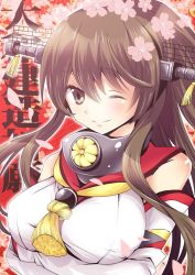 Rule 34 | 10s, 1girl, breast hold, breasts, brown eyes, brown hair, detached sleeves, headgear, kantai collection, large breasts, long hair, ponytail, smile, solo, yamato (kancolle), yyukke