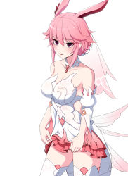 Rule 34 | 1girl, :d, animal ears, bandages, breasts, bridal veil, child (isoliya), cleavage, dress, fox ears, honkai (series), honkai impact 3rd, looking at viewer, open mouth, pink hair, purple eyes, simple background, sleeveless, sleeveless dress, smile, solo, thighhighs, veil, wedding dress, white background, white dress, white thighhighs, yae sakura, yae sakura (flame sakitama)