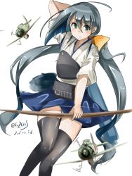 Rule 34 | 1girl, black thighhighs, blue eyes, bow (weapon), commentary request, cosplay, dated, grey hair, hair between eyes, hair ribbon, highres, japanese clothes, kaga (kancolle) (cosplay), kantai collection, kazu (really in hot water now), kiyoshimo (kancolle), long hair, muneate, parted lips, ribbon, simple background, solo, thighhighs, twintails, twitter username, weapon, white background