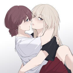 Rule 34 | 2girls, between legs, black shirt, blue eyes, blush, brown hair, chinese commentary, collarbone, commentary request, girls band cry, gradient background, grey eyes, grey hair, hair between eyes, highres, hug, iseri nina, kawaragi momoka, long hair, looking at another, looking at viewer, low twintails, multiple girls, open mouth, pleated skirt, red skirt, shirt, short hair, short sleeves, short twintails, simple background, skirt, twintails, white background, white shirt, yun cao bing, yuri