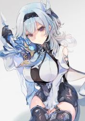 Rule 34 | 1girl, between legs, black gloves, black shorts, black thighhighs, blue hair, blue necktie, blush, breasts, cape, clothing cutout, cowboy shot, dutch angle, eula (genshin impact), genshin impact, gloves, gradient eyes, gradient hair, hair ornament, hairband, hand between legs, highres, holding, holding sword, holding weapon, koomoi, large breasts, long hair, long sleeves, looking at viewer, multicolored eyes, multicolored hair, necktie, planted, planted sword, planted weapon, purple eyes, shorts, shoulder cutout, sidelocks, simple background, sitting, solo, sword, thighhighs, vision (genshin impact), weapon, white background, white hair, yellow eyes