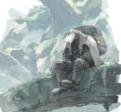 Rule 34 | 1boy, arch, arms on knees, backpack, bag, boots, cape, cliff, closed mouth, commentary request, day, facing viewer, gloves, grey bag, grey footwear, grey gloves, grey pants, grey shirt, gyarike, headlamp, helm, helmet, long sleeves, made in abyss, male focus, outdoors, pants, pants tucked in, shirt, sitting, sketch, solo, toge (owannun), white cape