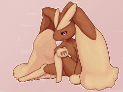 Rule 34 | 1girl, animal nose, black sclera, blush, body fur, brown fur, closed mouth, collarbone, colored sclera, creatures (company), female focus, flat chest, full body, furry, furry female, game freak, gen 4 pokemon, half-closed eyes, hand up, highres, knee up, light blush, looking at viewer, lopunny, mentaiko jojotarou, nintendo, outline, pink background, pink eyes, pokemon, pokemon (creature), rabbit ears, rabbit girl, simple background, sitting, snout, solo, two-tone fur, yellow fur, yellow outline