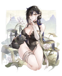 Rule 34 | 1girl, absurdres, animal, arknights, baku (creature), black hair, black nails, black one-piece swimsuit, blacknight (arknights), blacknight (summer flower) (arknights), blue hair, braid, breasts, casual one-piece swimsuit, cleavage, detached sleeves, flower, green eyes, groin, hair ornament, hand up, highres, horns, jewelry, lily pad, lotus, multicolored hair, nail polish, necklace, official alternate costume, one-piece swimsuit, pearl necklace, pointy ears, seiza, sitting, solo, streaked hair, swimsuit, takano jiyuu, thick thighs, thigh strap, thighs, white flower, white sleeves